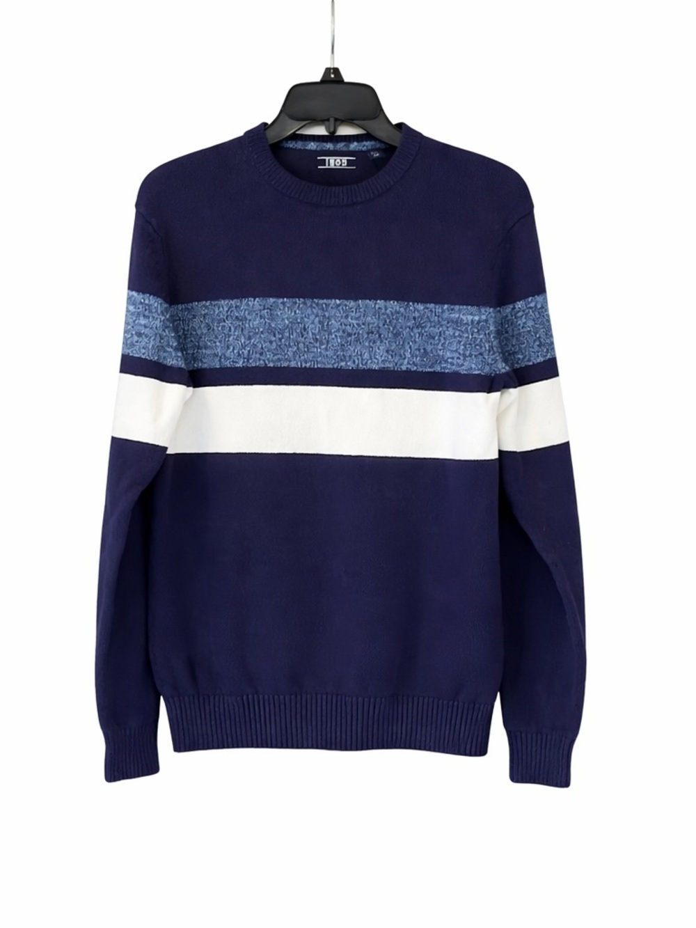 IZOD Mens Sweater Small Navy Blue White Marled Striped Crew Neck Knit Pullover